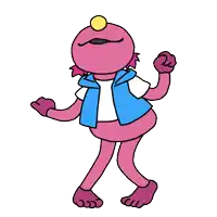 a pink cartoon character with a yellow ball on his head