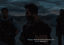 a video game screen shows a man talking to another man with the words graves what 's the meet about alejandro us