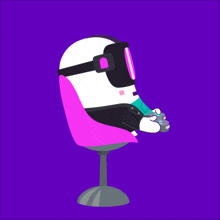 a cartoon character wearing a virtual reality headset is sitting in a chair holding a game controller