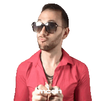 a man wearing sunglasses and a red shirt says mcdh on the bottom right