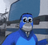 a blue cartoon character is standing in front of a bus numbered 123 .