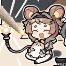 a cartoon of a girl dressed as a mouse holding a stuffed animal and a torch .