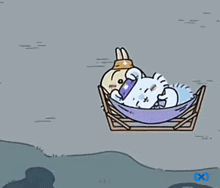 a cartoon of a rabbit laying in a hammock with a purple pillow