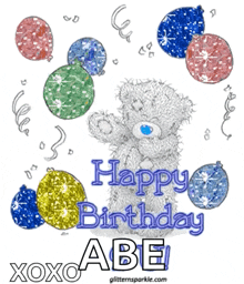 a teddy bear is surrounded by balloons and confetti and says happy birthday