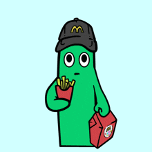 a green cartoon character wearing a mcdonald 's hat is holding a container of french fries