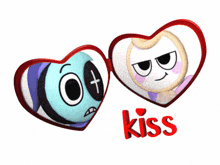 a couple of cartoon characters in heart shaped frames with the word kiss below them