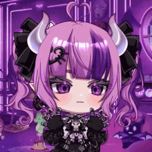 a girl with purple hair and horns has a heart on her hair
