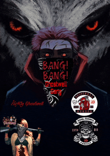 a poster for bang bang ghostwell gang with a woman holding a sword