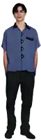 a young man wearing a blue shirt and black pants stands with his hands in his pockets