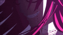 a close up of a person 's face with a purple background and a purple hair .