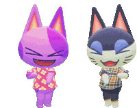 a purple cat and a black cat are standing next to each other and smiling .