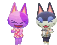 a purple cat and a black cat are standing next to each other and smiling .