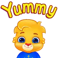 a cartoon character with the word yummy on top of his head