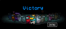a group of among us characters are standing in a dark room with the words victory above them