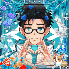 a picture of a man with glasses making a heart with his hands