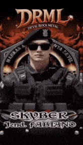 a poster for drml devil rock metal shows a man in a beret and sunglasses