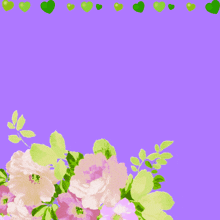 a purple background with pink flowers and green hearts with arabic writing on it