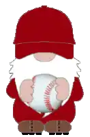a gnome wearing a red hat holds a baseball