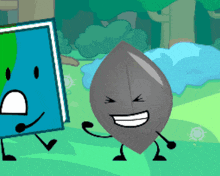 a cartoon leaf is smiling in front of a blue book