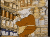 a cartoon pig is standing in front of a shelf full of jars and boxes