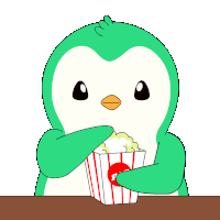 a penguin is eating popcorn from a striped container