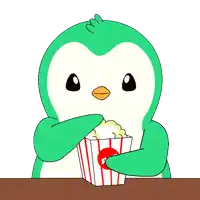 a penguin is eating popcorn from a striped container