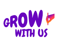 a logo that says ' grow with us ' in purple letters