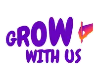 a logo that says ' grow with us ' in purple letters