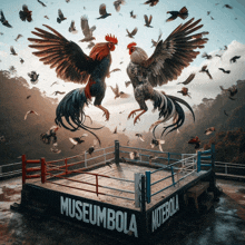 two roosters are fighting in a boxing ring that says museum bola