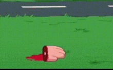 a pink flamingo is laying on the ground in a cartoon .