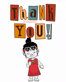 a cartoon girl wearing heart shaped sunglasses stands in front of a thank you sign