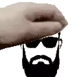 a hand is holding a man with a beard and sunglasses .