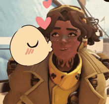 a cartoon drawing of a person with hearts around their face