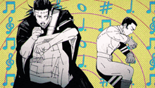a black and white drawing of two men standing next to each other with music notes in the background
