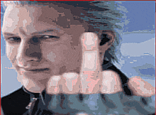 a man with blue hair giving the middle finger