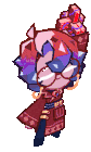 a cartoon character with glasses and a bunch of gifts on her head