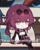 a cartoon girl with purple hair and sunglasses says i 'm so in love with my son
