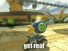 a video game character is riding a motorcycle and the words get real are visible