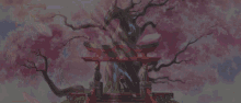 a painting of a cherry blossom tree with a dragon in the background