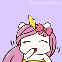 a cartoon drawing of a unicorn with pink hair and a yellow horn
