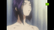a woman with purple hair is taking a shower with a green screen behind her