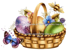 a picture of a basket with easter eggs and butterflies