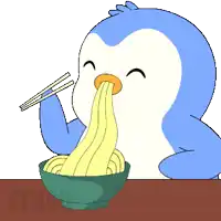a blue penguin is eating noodles with chopsticks