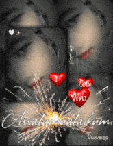 a picture of a woman with hearts that say i love you on them