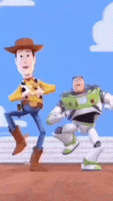 woody and buzz lightyear are dancing together in a toy story scene