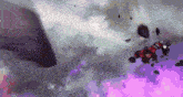 a cartoon character is flying through a cloudy sky with purple smoke