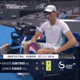 a tennis player is sitting on a bench during a match