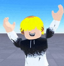 a cartoon character with yellow hair and headphones is smiling