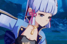 a close up of a anime character with a bow in her hair