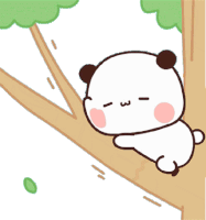 a cartoon panda bear is hanging from a tree branch with a question mark above it